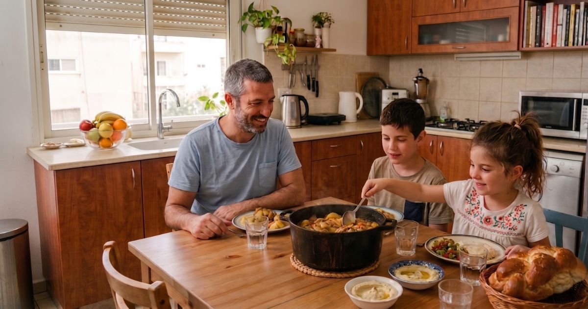 אבא וילדים אוכלים ביחד סביב שולחן המטבח
